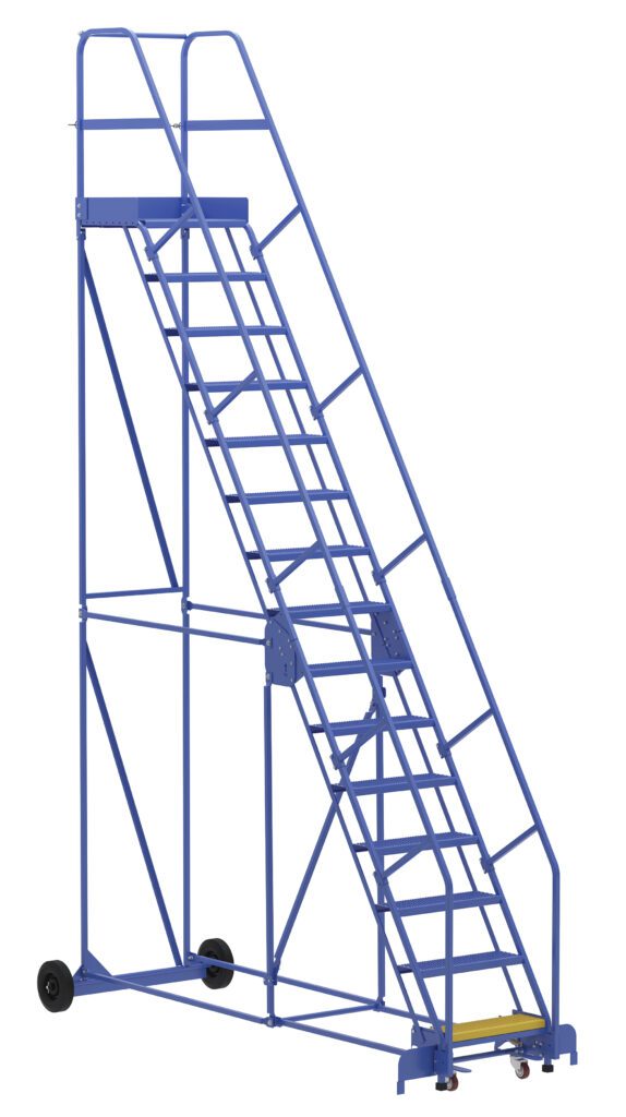 LAD-15-21-P_A.jpg The Vestil Warehouse Ladder 58 Deg Perf 15 Stp 21In is a sleek blue ladder with a handrail, designed at a 58-degree angle. It features 15 steps leading to a 21-inch platform and has a sturdy metal frame with wheels for easy mobility in your workspace.