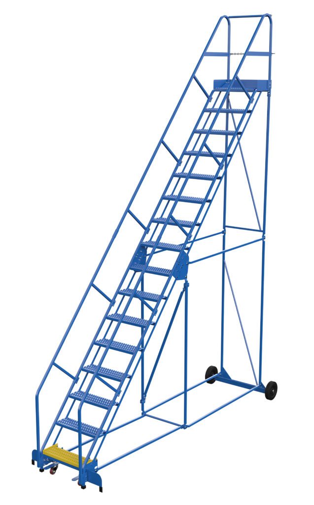 LAD-16-14-G-EZ_A.jpg The Vestil Warehouse Ladder 50 Deg Grip 16 Stp 14In has a blue frame, metal steps, and a handrail. Designed for industrial use, it features a yellow bottom step, offers safe access with its 16 steps at a 50-degree angle, and has wheels for easy mobility in warehouses.