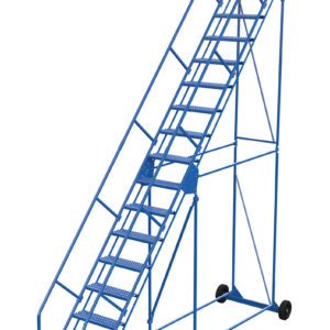 The Vestil Warehouse Ladder 50 Deg Grip 16 Stp 14In has a blue frame, metal steps, and a handrail. Designed for industrial use, it features a yellow bottom step, offers safe access with its 16 steps at a 50-degree angle, and has wheels for easy mobility in warehouses.