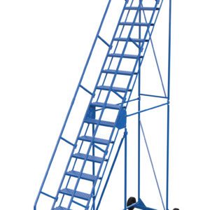 The Vestil Warehouse Ladder 58 Deg Grip 16 Stp 14In offers a 58-degree incline, blue safety rails, and perforated metal steps. It features yellow nonslip sections at the bottom and wheels for easy mobility, making it ideal for high spaces.