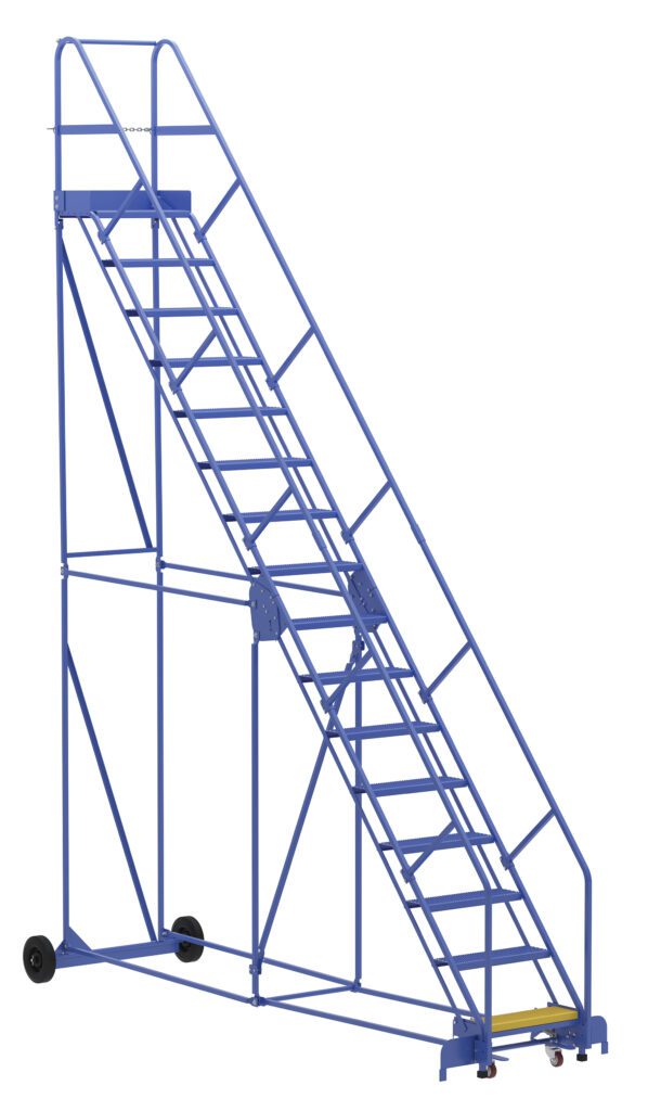 LAD-16-14-P-EZ_A.jpg The Vestil Warehouse Ladder is a blue, portable metal ladder with wheels ideal for industrial use. It has a sturdy frame with a handrail and top platform, ensuring safety and convenience.