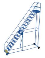 The Vestil Warehouse Ladder 50 Deg Grip 16 Stp 21In offers a blue metal design with wheels for easy mobility, 50-degree grip, step ladder style with railings, 21-inch wide steps, and a platform—ideal for industrial or warehouse access to higher areas.