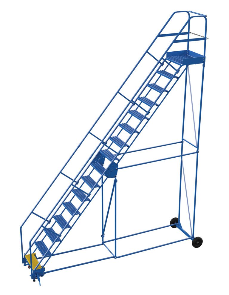 The Vestil Warehouse Ladder 50 Deg Grip 16 Stp 21In offers a blue metal design with wheels for easy mobility, 50-degree grip, step ladder style with railings, 21-inch wide steps, and a platform—ideal for industrial or warehouse access to higher areas.