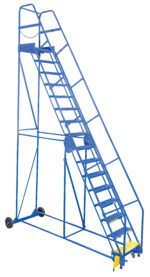 The Vestil Warehouse Ladder 58 Deg Grip 16 Stp 21In ensures secure ascent with grip-designed steps on its 58-degree incline. The blue metal ladder features sturdy railings, a convenient platform, two rear wheels for easy mobility, and a yellow safety step for added stability.