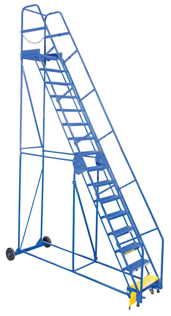 The Vestil Warehouse Ladder 58 Deg Grip 16 Stp 21In ensures secure ascent with grip-designed steps on its 58-degree incline. The blue metal ladder features sturdy railings, a convenient platform, two rear wheels for easy mobility, and a yellow safety step for added stability.
