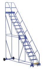 Introducing the blue mobile scaffold tower, inspired by the design of the Vestil Warehouse Ladder 50 Deg Perf 16 Stp 21In. Equipped with safety rails and wheels for easy movement, it excels in construction or maintenance tasks at height, offering secure access with a structure mimicking a 50-degree angle and 16 steps.