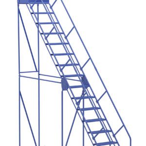 Introducing the blue mobile scaffold tower, inspired by the design of the Vestil Warehouse Ladder 50 Deg Perf 16 Stp 21In. Equipped with safety rails and wheels for easy movement, it excels in construction or maintenance tasks at height, offering secure access with a structure mimicking a 50-degree angle and 16 steps.