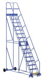The Vestil Warehouse Ladder 58 Deg Perf 16 Stp 21In, with its sturdy metal frame, wheels for easy maneuvering, and multiple steps leading to a high platform, is perfect for safely and efficiently reaching elevated spots.