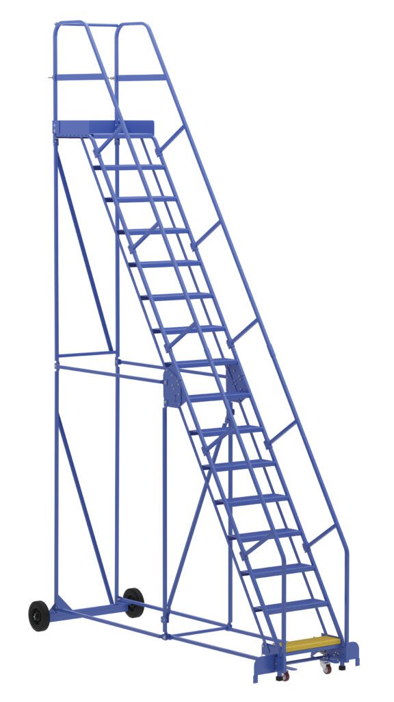 The Vestil Warehouse Ladder 58 Deg Perf 16 Stp 21In, with its sturdy metal frame, wheels for easy maneuvering, and multiple steps leading to a high platform, is perfect for safely and efficiently reaching elevated spots.