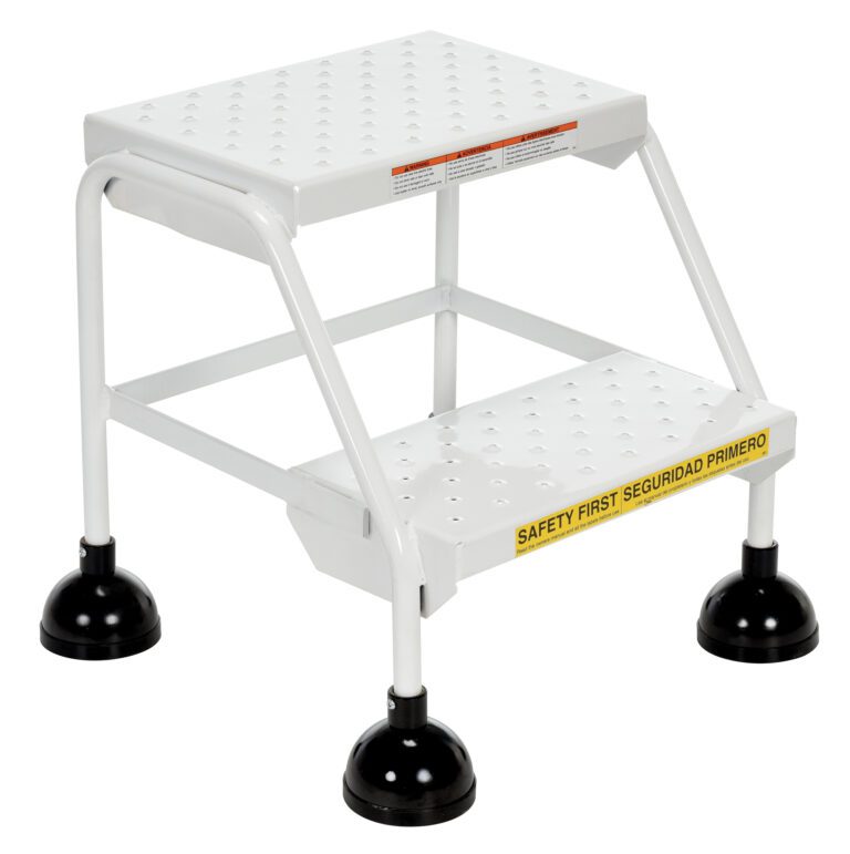 LAD-2-W-P_A.jpg The Vestil Spring Loaded Roll Ladder Perf 2 Stp Wht features a white metal design with perforated steps. It provides stability with four rubber-tipped legs and includes safety labels in English and Spanish on the lower steps edge.
