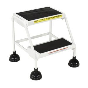 A two-step metal stool with black non-slip treads and rubber suction feet, similar to the Vestil Spring Loaded Roll Ladder 2 Step White, features a yellow Safety First label on the top edge. Its predominantly white structure ensures maximum stability and safety.