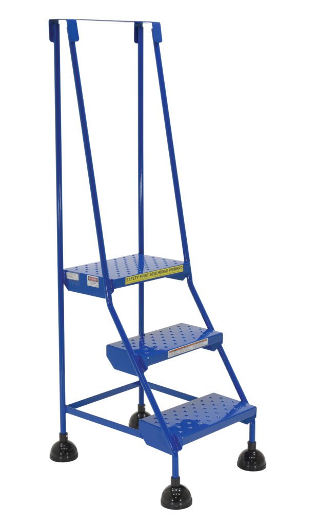 LAD-3-B-P_A.jpg The Vestil Spring Loaded Roll Ladder Perf 3 Stp Blu features a blue design with three perforated steps, side handles, and a SAFETY FIRST label. Its mounted on black rubber wheels for easy mobility.