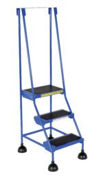 The Vestil Spring Loaded Roll Ladder 3 Step Blue has a durable metal frame, black slip-resistant steps, and four round rubber feet for stability. It includes handrails for safety and a caution label on the top step, ensuring secure use.