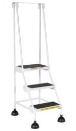 A three-step gray metal ladder with black treads, a safety handle, and wide black rubber feet. A yellow Safety First label adorns the bottom step. The design resembles the Vestil Spring Loaded Roll Ladder 3 Step White model.