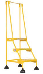 The Vestil Spring Loaded Roll Ladder Perf 3 Stp Yel includes a durable metal design with two steps, handrail, and four black rubber wheels for stability. Safety warnings are clearly displayed in both English and Spanish on the front step.