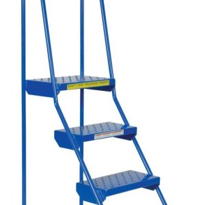The Vestil Spring Loaded Roll Ladder Perf 4 Stp Blu offers enhanced mobility and safety with its four perforated steps, sturdy safety rails, and rubber feet for stability. Its an ideal choice for any workspace, providing reliable support and easy maneuverability.