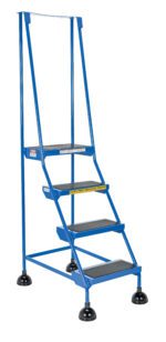 Check out the Vestil Spring Loaded Roll Ladder 4 Step Blue, featuring four non-slip steps, a secure handrail, and sturdy black rubber feet. A safety caution sign is prominently displayed on the front for your protection.