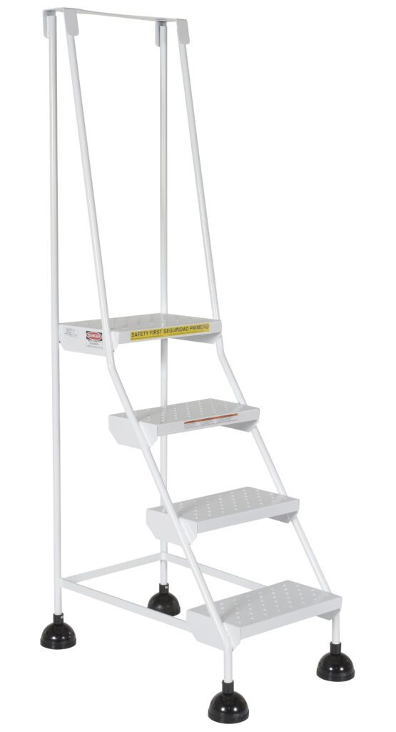 The Vestil Spring Loaded Roll Ladder Perf 4 Stp Wht features a white metal design with four perforated steps, handrails on both sides, and round rubber feet for stability. It angles slightly forward and has a warning label on the second step.