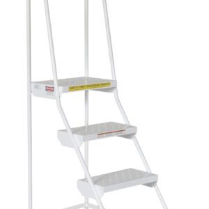The Vestil Spring Loaded Roll Ladder Perf 4 Stp Wht features a white metal design with four perforated steps, handrails on both sides, and round rubber feet for stability. It angles slightly forward and has a warning label on the second step.