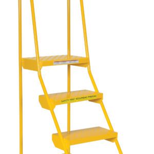 The Vestil Spring Loaded Roll Ladder Perf 4 Stp Yel is a mobile step stool with three gripped steps, four rubber-tipped feet, side handles for support, and a warning label on the middle step, ensuring safe and easy access to elevated areas.