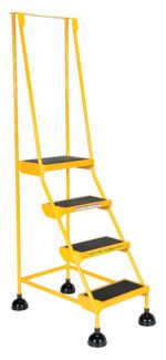The Vestil Spring Loaded Roll Ladder 4 Step Yellow has black anti-slip steps, handrails, and rubber-tipped feet for stability. A Safety First label ensures secure use.