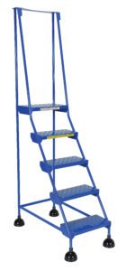 The Vestil Spring Loaded Roll Ladder Perf 5 Stp Blu has a blue metal design with five perforated steps, dual handrails, four circular rubber footings for stability, and a caution label on the second step.