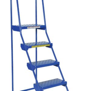 The Vestil Spring Loaded Roll Ladder Perf 5 Stp Blu has a blue metal design with five perforated steps, dual handrails, four circular rubber footings for stability, and a caution label on the second step.