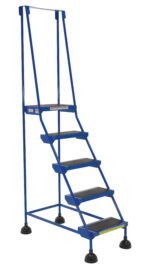The Vestil Spring Loaded Roll Ladder 5 Step Blue features a tall support handle and a sturdy metal frame. It has rubber-tipped feet with non-slip steps for safety, making it versatile and essential for various tasks.