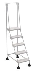 The Vestil Spring Loaded Roll Ladder Perf 5 Stp Wht blends functionality and safety with five perforated steps and four black rubber-tipped feet for stability, offering a simple yet secure design ideal for accessing higher areas.