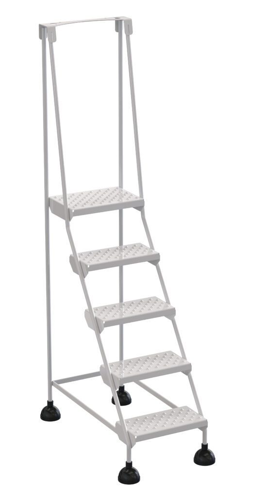 LAD-5-W-P_A.jpg The Vestil Spring Loaded Roll Ladder Perf 5 Stp Wht blends functionality and safety with five perforated steps and four black rubber-tipped feet for stability, offering a simple yet secure design ideal for accessing higher areas.