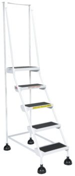 The Vestil Spring Loaded Roll Ladder 5 Step White combines a sleek design with five black non-slip steps, one-sided handrail, round black protective leg stoppers, and visible warning labels for enhanced safety.