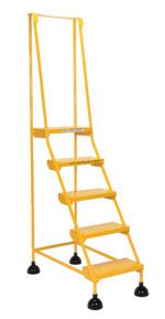The Vestil Spring Loaded Roll Ladder Perf 5 Stp Yel is a yellow mobile safety ladder with five steps, featuring black rubber-tipped feet, handrails on both sides, and a top-step platform for industrial use, ensuring safety and mobility.