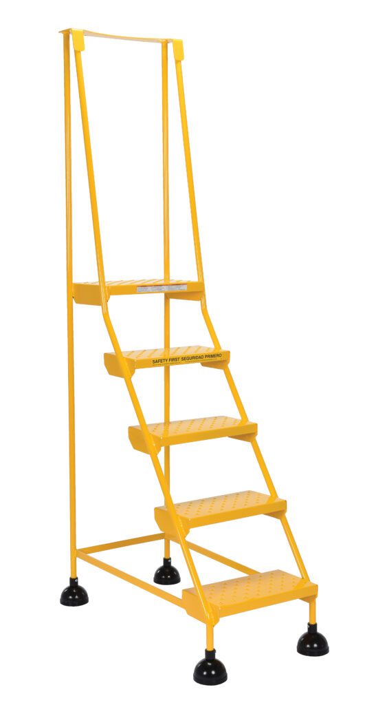 The Vestil Spring Loaded Roll Ladder Perf 5 Stp Yel is a yellow mobile safety ladder with five steps, featuring black rubber-tipped feet, handrails on both sides, and a top-step platform for industrial use, ensuring safety and mobility.