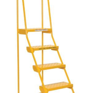 The Vestil Spring Loaded Roll Ladder Perf 5 Stp Yel is a yellow mobile safety ladder with five steps, featuring black rubber-tipped feet, handrails on both sides, and a top-step platform for industrial use, ensuring safety and mobility.