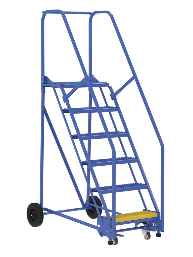 The Vestil Warehouse Ladder features a blue design with six steps and a 58-degree grip. It includes side handrails, wheels for mobility, and a yellow-highlighted bottom step for safety, all set against a plain white background.