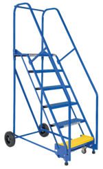 The Vestil Warehouse Ladder 58 Deg Perf 6 Stp 14 In features a blue metal design with six steps and a sturdy yellow platform. Its 58-degree incline and robust handrails ensure safety. Equipped with two rear wheels, it offers easy mobility for efficient warehouse tasks.