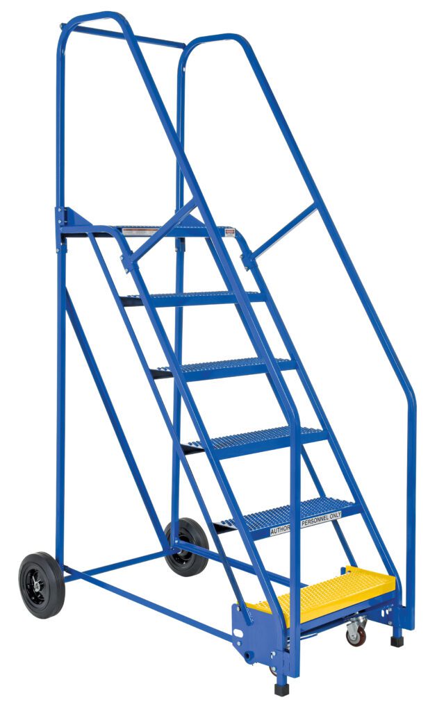 The Vestil Warehouse Ladder 58 Deg Perf 6 Stp 14 In features a blue metal design with six steps and a sturdy yellow platform. Its 58-degree incline and robust handrails ensure safety. Equipped with two rear wheels, it offers easy mobility for efficient warehouse tasks.