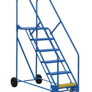 The Vestil Warehouse Ladder 50 Deg Grip 6 Stp 21 In features blue rolling construction, six metal steps, safety rails, and a yellow-highlighted bottom step for visibility. Its design includes wheels for mobility on a plain white background, making it ideal for versatile use.