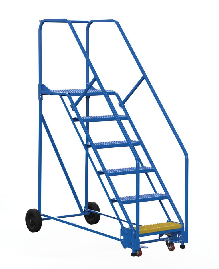The Vestil Warehouse Ladder 50 Deg Grip 6 Stp 21 In features blue rolling construction, six metal steps, safety rails, and a yellow-highlighted bottom step for visibility. Its design includes wheels for mobility on a plain white background, making it ideal for versatile use.
