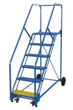 The Vestil Warehouse Ladder 50 Deg Perf 6 Stp 21 In includes six blue metal steps, a safety handrail, and two wheels for easy transport. It offers grip with perforated steps, highlighted by a yellow bottom step for visibility.