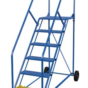 The Vestil Warehouse Ladder 50 Deg Perf 6 Stp 21 In includes six blue metal steps, a safety handrail, and two wheels for easy transport. It offers grip with perforated steps, highlighted by a yellow bottom step for visibility.