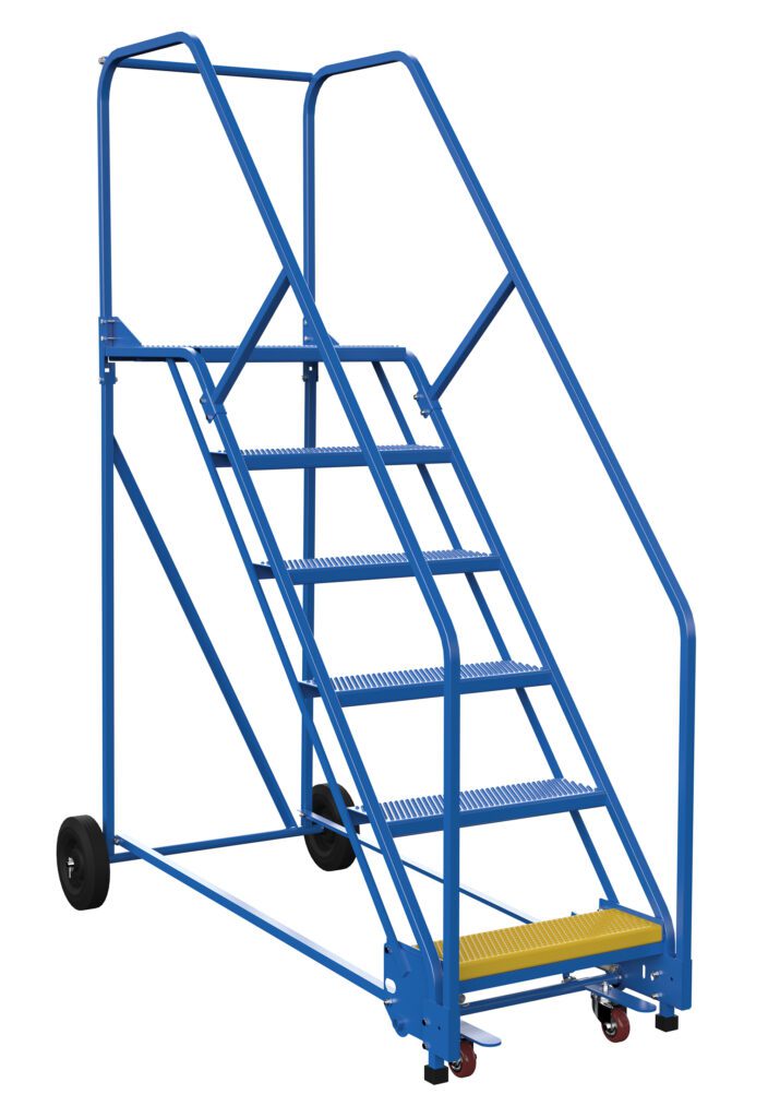 Introducing the Vestil Warehouse Ladder 58 Deg Perf 6 Stp 21 In, a sleek blue metal rolling ladder with six perforated steps and sturdy handrails. It features back wheels for easy mobility and a bright yellow bottom step for enhanced safety and visibility.