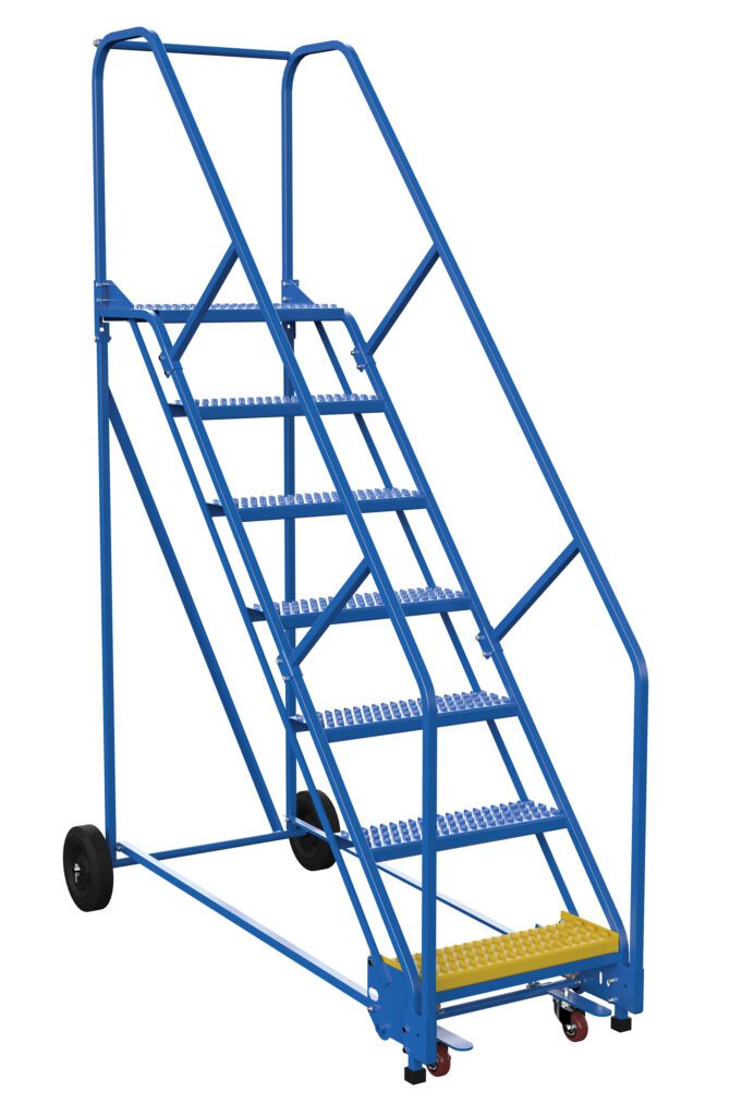 The Vestil Warehouse Ladder 50 Deg Grip 7 Stp 14 In is a blue rolling metal ladder with seven steps, handrails on both sides, wheels for easy movement, and a slip-resistant yellow surface on the bottom step for safety at a 50-degree angle.