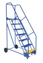 The Vestil Warehouse Ladder 58 Deg Grip 7 Stp 14 In features a sturdy blue frame, handlebar, and wheels for easy maneuverability. With seven steps and contrasting yellow treads, it ensures safe access in industrial settings. Shown against a white background, it offers a reliable grip.