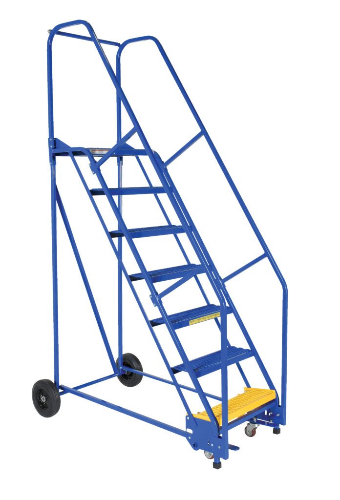 LAD-7-14-G_A.jpg The Vestil Warehouse Ladder 58 Deg Grip 7 Stp 14 In features a sturdy blue frame, handlebar, and wheels for easy maneuverability. With seven steps and contrasting yellow treads, it ensures safe access in industrial settings. Shown against a white background, it offers a reliable grip.