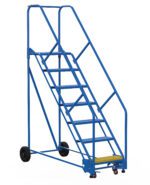 The Vestil Warehouse Ladder 50 Deg Perf 7 Stp 14 In features a blue metal design with sturdy handrails, a yellow non-slip surface on the top step, and back wheels for easy mobility. It has seven steps and a 50-degree angle, making it ideal for industrial or warehouse use.