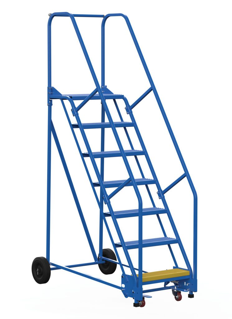 The Vestil Warehouse Ladder 58 Deg Perf 7 Stp 14 In features a 58-degree angle, seven sturdy steps with a yellow top step, safety rails, and wheels for easy mobility. Specifically designed for industrial use, this reliable blue metal ladder is an asset in any warehouse environment.