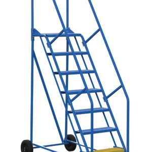 The Vestil Warehouse Ladder 58 Deg Perf 7 Stp 14 In features a 58-degree angle, seven sturdy steps with a yellow top step, safety rails, and wheels for easy mobility. Specifically designed for industrial use, this reliable blue metal ladder is an asset in any warehouse environment.