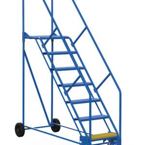 The Vestil Warehouse Ladder 50 Deg Grip 7 Stp 21 In offers a secure 50-degree grip with seven treaded steps and a distinct yellow top step. This blue ladder includes handrails and wheels for easy mobility, ideal for industrial use, and is built with a durable metal frame.