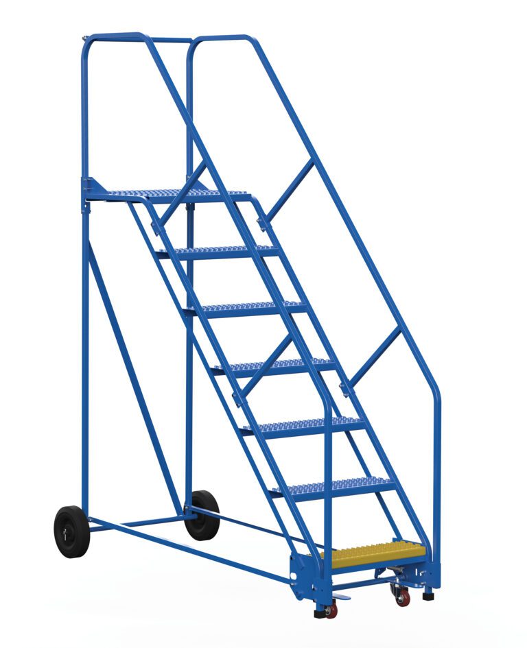 LAD-7-21-G-EZ_A.jpg The Vestil Warehouse Ladder 50 Deg Grip 7 Stp 21 In offers a secure 50-degree grip with seven treaded steps and a distinct yellow top step. This blue ladder includes handrails and wheels for easy mobility, ideal for industrial use, and is built with a durable metal frame.